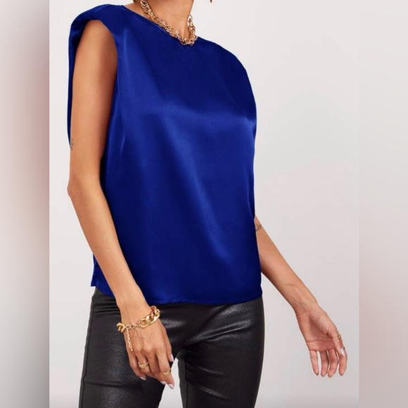 SHEIN Womens S Solid Royal Blue Structured Sleeveless Satin Top Preppy Classic - Picture 3 of 16